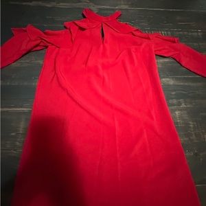Red high neck, open shoulder, long sleeve dress